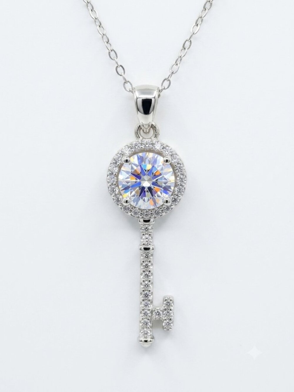 1 CTW VVS Moissanite Key Pendant Necklace .925 Sterling Silver